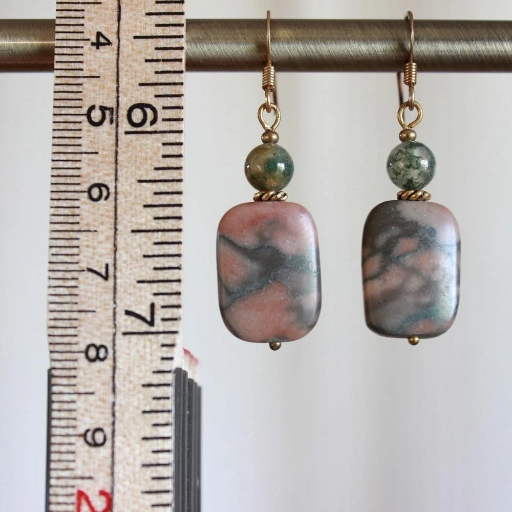 Handmade Rhodonite & Moss Agate Dangle Drop Earrings Bohemian Fairy Cottagecore‎